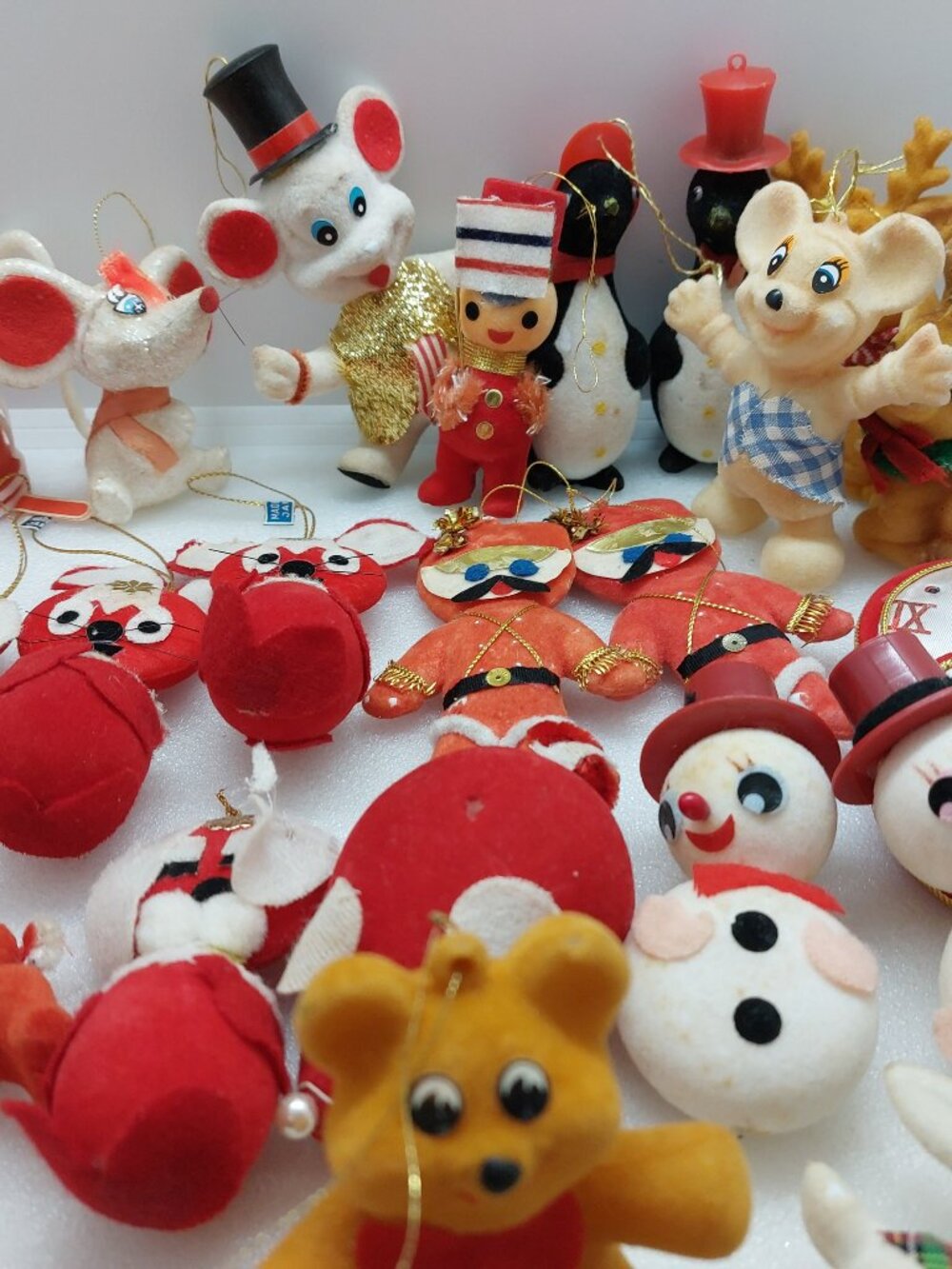 Lot of 25 Flocked Christmas Tree Ornaments Snowman, Penguin's, Mice, Bear, Deer